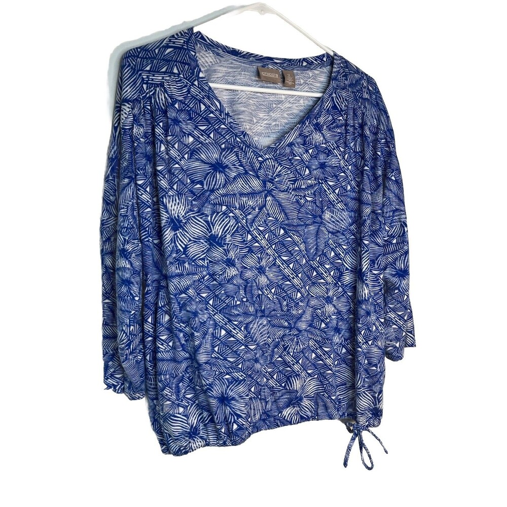 Chicos Abstract Floral Art Print Top Blouse sz 2 / L (15
